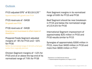 Outlook
FY15 adjusted EPS* of $3.10-3.20**
Approximately 5-9% growth over FY14
FY15 revenues of ~$41B
9% growth over FY14
FY16 revenues of ~$41B
Growing current businesses to offset impact of
divestitures
Prepared Foods Segment adjusted
margins of ~8% for FY15 and ~10%
for FY16
Within its normalized range of 10-12% a full year
earlier than originally planned
Chicken Segment margins of ~12% for
FY15 and at or above the top end of its
normalized range of 7-9% for FY16
Pork Segment margins in its normalized
range of 6-8% for FY15 and FY16
Beef Segment should be near breakeven
in FY15 and below the normalized range
of 2.5-4.5% for FY16
International Segment improvement of
approximately $25 million in FY15 and
FY16 results similar to FY15
Synergies of approximately $300 million in
FY15, more than $400 million in FY16 and
more than $600 million in FY17
*Represents a non-GAAP financial measure.
** Projected adjusted EPS guidance as of August 3, 2015
Tyson Foods, Inc. Investor Presentation | August 2015 |23
 