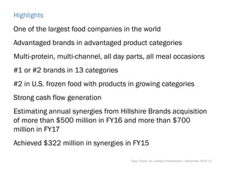 Highlights
One of the largest food companies in the world
Advantaged brands in advantaged product categories
Multi-protein, multi-channel, all day parts, all meal occasions
#1 or #2 brands in 13 categories
#2 in U.S. frozen food with products in growing categories
Strong cash flow generation
Estimating annual synergies from Hillshire Brands acquisition
of more than $500 million in FY16 and more than $700
million in FY17
Achieved $322 million in synergies in FY15
Tyson Foods, Inc. Investor Presentation | December 2015 |3
 
