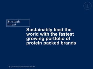 Sustainably feed the
world with the fastest
growing portfolio of
protein packed brands
Strategic
Intent
18 Tyson Foods, Inc. Investor Presentation | May 2017
 
