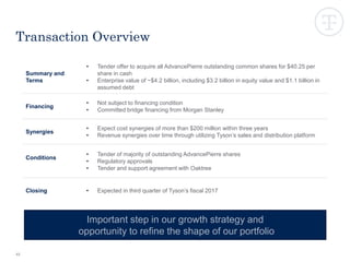 45
Transaction Overview
Summary and
Terms
• Tender offer to acquire all AdvancePierre outstanding common shares for $40.25 per
share in cash
• Enterprise value of ~$4.2 billion, including $3.2 billion in equity value and $1.1 billion in
assumed debt
Financing
• Not subject to financing condition
• Committed bridge financing from Morgan Stanley
Synergies
• Expect cost synergies of more than $200 million within three years
• Revenue synergies over time through utilizing Tyson’s sales and distribution platform
Conditions
• Tender of majority of outstanding AdvancePierre shares
• Regulatory approvals
• Tender and support agreement with Oaktree
Closing • Expected in third quarter of Tyson’s fiscal 2017
Important step in our growth strategy and
opportunity to refine the shape of our portfolio
 