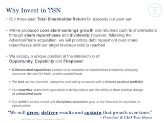 5
Why Invest in TSN
• Our three-year Total Shareholder Return far exceeds our peer set
• We’ve produced consistent earnings growth and returned cash to shareholders
through share repurchases and dividends; however, following the
AdvancePierre acquisition, we will prioritize debt repayment over share
repurchases until our target leverage ratio is reached
• We occupy a unique position at the intersection of
Opportunity, Capability and Firepower
 Differentiated capabilities position us to capitalize on opportunities created by changing
consumer demand for fresh, protein packed foods
 We lead across channels, categories and eating occasions with a diverse product portfolio
 Our expertise spans from agriculture to dining culture with the ability to drive positive change
at unmatched scale
 Our solid business model and disciplined execution give us the firepower to capitalize on
opportunities
“We will grow, deliver results and sustain that growth over time.”
– President & CEO Tom HayesTyson Foods, Inc. Investor Presentation | March 2017
 