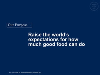 Raise the world’s
expectations for how
much good food can do
Our Purpose
18 Tyson Foods, Inc. Investor Presentation | September 2017
 