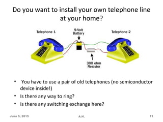 Do you want to install your own telephone line
at your home?
• You have to use a pair of old telephones (no semiconductor
device inside!)
• Is there any way to ring?
• Is there any switching exchange here?
June 5, 2015 A.H. 11
 