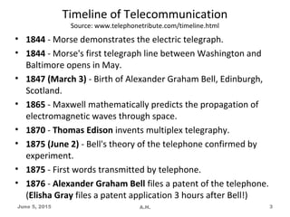 Timeline of Telecommunication
Source: www.telephonetribute.com/timeline.html
• 1844 - Morse demonstrates the electric telegraph.
• 1844 - Morse's first telegraph line between Washington and
Baltimore opens in May.
• 1847 (March 3) - Birth of Alexander Graham Bell, Edinburgh,
Scotland.
• 1865 - Maxwell mathematically predicts the propagation of
electromagnetic waves through space.
• 1870 - Thomas Edison invents multiplex telegraphy.
• 1875 (June 2) - Bell's theory of the telephone confirmed by
experiment.
• 1875 - First words transmitted by telephone.
• 1876 - Alexander Graham Bell files a patent of the telephone.
(Elisha Gray files a patent application 3 hours after Bell!)
June 5, 2015 A.H. 3
 