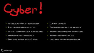 •INTELLECTUALPROPERTYBEINGSTOLEN•POLITICALOPPONENTSPUTTOJAIL•INTERNETCOMMUNICATIONBEINGBLOCKED•VENDORFINDINGANEWEXPLOIT•SAMETIME, HACKERWRITES5 MORE•CONTROLOFMEDIA•ENTERPRISESLOOSINGCUSTOMERDATA•NATIONSTATESSPYINGONTHEIRCITIZENS•NATIONSTATESBEINGHACKED•LITTLEPAULLOOSINGHISHOMEWORK  