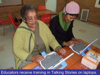 Educators receive training in Talking Stories on laptops. 
