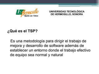 ¿Qué es el TSP?

 Es una metodología para dirigir el trabajo de
 mejora y desarrollo de software además de
 establecer un entorno donde el trabajo efectivo
 de equipo sea normal y natural
 