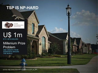 TSP IS NP-HARD




U$ 1m
IF P = NP IS SOLVED


Millenium Prize
Problem
AND CREDITS FROM
SCIENTISTS AROUND
THE WORLD




source: http://www.claymath.org/millennium/P_vs_NP/
 