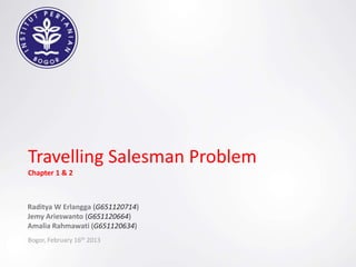 Travelling Salesman Problem
Chapter 1 & 2



Raditya W Erlangga (G651120714)
Jemy Arieswanto (G651120664)
Amalia Rahmawati (G651120634)
Bogor, February 16th 2013
 