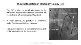 TS catheterization in electrophysiology (EP)
• The TSP is also a useful alternative to the
retroaortic approach for ablation within the left
ventricle and left ventricular outflow tract.
• In most centers, TS puncture is performed
under fluoroscopic biplanar guidance .
• a diagnostic catheter in the coronary sinus aids
in the localization of the fossa ovalis.
Trans Septal Puncture(TSP) in Cardiology
 