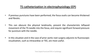 TS catheterization in electrophysiology (EP)
• If previous punctures have been performed, the fossa ovalis can become thickened
and fibrotic.
• This can obscure the physical landmarks, prevent the characteristic leftward
movement of the TS needle into the fossa, and require significant forward pressure
for puncture with the needle.
• In this situation and in the case of prior aortic root surgery adjuncts to fluoroscopic
visualization, such as intracardiac or TEE, are most useful.
Trans Septal Puncture(TSP) in Cardiology
 