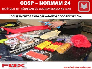 www.foxtreinamentos.com
EQUIPAMENTOS PARA SALVATAGEM E SOBREVIVÊNCIA.
CBSP – NORMAM 24
CAPÍTULO 12 - TÉCNICAS DE SOBREVIVÊNCIA NO MAR
 