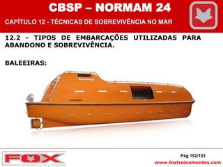 www.foxtreinamentos.com
12.2 - TIPOS DE EMBARCAÇÕES UTILIZADAS PARA
ABANDONO E SOBREVIVÊNCIA.
BALEEIRAS:
Pág 152/153
CBSP – NORMAM 24
CAPÍTULO 12 - TÉCNICAS DE SOBREVIVÊNCIA NO MAR
 