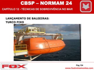 www.foxtreinamentos.com
LANÇAMENTO DE BALEEIRAS:
TURCO FIXO
Pág 154
CBSP – NORMAM 24
CAPÍTULO 12 - TÉCNICAS DE SOBREVIVÊNCIA NO MAR
 