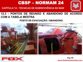 www.foxtreinamentos.com
12.3 - PONTOS DE REUNÃO E ABANDONO DE ACORDO
COM A TABELA MESTRA
POSTO DE EVACUAÇÃO / ABANDONO.
Pág 159
CBSP – NORMAM 24
CAPÍTULO 12 - TÉCNICAS DE SOBREVIVÊNCIA NO MAR
 