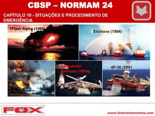 www.foxtreinamentos.com
5Enchova (1984)
4P-36 (2001
3Alexander
Kielland (1980)
2Deepwater
Horizon (2010)
1Piper Alpha (1988)
CBSP – NORMAM 24
CAPÍTULO 10 - SITUAÇÕES E PROCEDIMENTO DE
EMERGÊNCIA
 