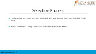 Selection Process
 Chromosomes are copied into next generation with a probability associated with their fitness
value.
 Mimics the Darwin Theory survival-of-the-fittest in the natural world.
www.advanced.edu.in
 