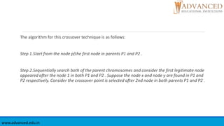 The algorithm for this crossover technique is as follows:
Step 1.Start from the node p(the first node in parents P1 and P2 .
Step 2.Sequentially search both of the parent chromosomes and consider the first legitimate node
appeared after the node 1 in both P1 and P2 . Suppose the node x and node y are found in P1 and
P2 respectively. Consider the crossover point is selected after 2nd node in both parents P1 and P2 .
www.advanced.edu.in
 