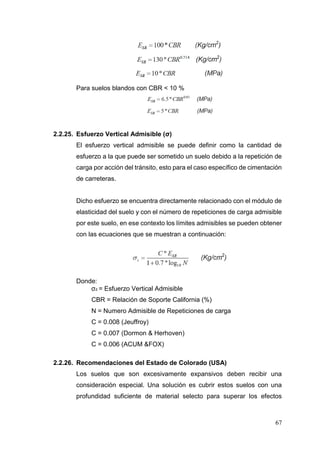 67
Para suelos blandos con CBR < 10 %
2.2.25. Esfuerzo Vertical Admisible (σ)
El esfuerzo vertical admisible se puede definir como la cantidad de
esfuerzo a la que puede ser sometido un suelo debido a la repetición de
carga por acción del tránsito, esto para el caso específico de cimentación
de carreteras.
Dicho esfuerzo se encuentra directamente relacionado con el módulo de
elasticidad del suelo y con el número de repeticiones de carga admisible
por este suelo, en ese contexto los límites admisibles se pueden obtener
con las ecuaciones que se muestran a continuación:
Donde:
σz = Esfuerzo Vertical Admisible
CBR = Relación de Soporte California (%)
N = Numero Admisible de Repeticiones de carga
C = 0.008 (Jeuffroy)
C = 0.007 (Dormon & Herhoven)
C = 0.006 (ACUM &FOX)
2.2.26. Recomendaciones del Estado de Colorado (USA)
Los suelos que son excesivamente expansivos deben recibir una
consideración especial. Una solución es cubrir estos suelos con una
profundidad suficiente de material selecto para superar los efectos
 