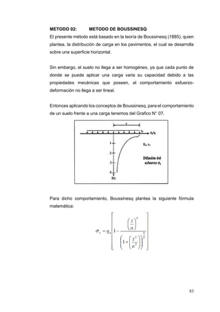 83
METODO 02: METODO DE BOUSSINESQ
El presente método está basado en la teoría de Boussinesq (1885), quien
plantea, la distribución de carga en los pavimentos, el cual se desarrolla
sobre una superficie horizontal.
Sin embargo, el suelo no llega a ser homogéneo, ya que cada punto de
donde se puede aplicar una carga varia su capacidad debido a las
propiedades mecánicas que poseen, el comportamiento esfuerzo-
deformación no llega a ser lineal.
Entonces aplicando los conceptos de Boussinesq, para el comportamiento
de un suelo frente a una carga tenemos del Grafico N° 07.
Para dicho comportamiento, Boussinesq plantea la siguiente fórmula
matemática:
 