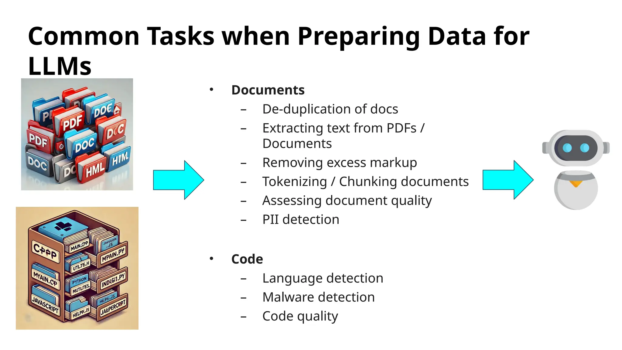 Common Tasks when Preparing Data for
LLMs
• Documents
– De-duplication of docs
– Extracting text from PDFs /
Documents
– Removing excess markup
– Tokenizing / Chunking documents
– Assessing document quality
– PII detection
• Code
– Language detection
– Malware detection
– Code quality
 