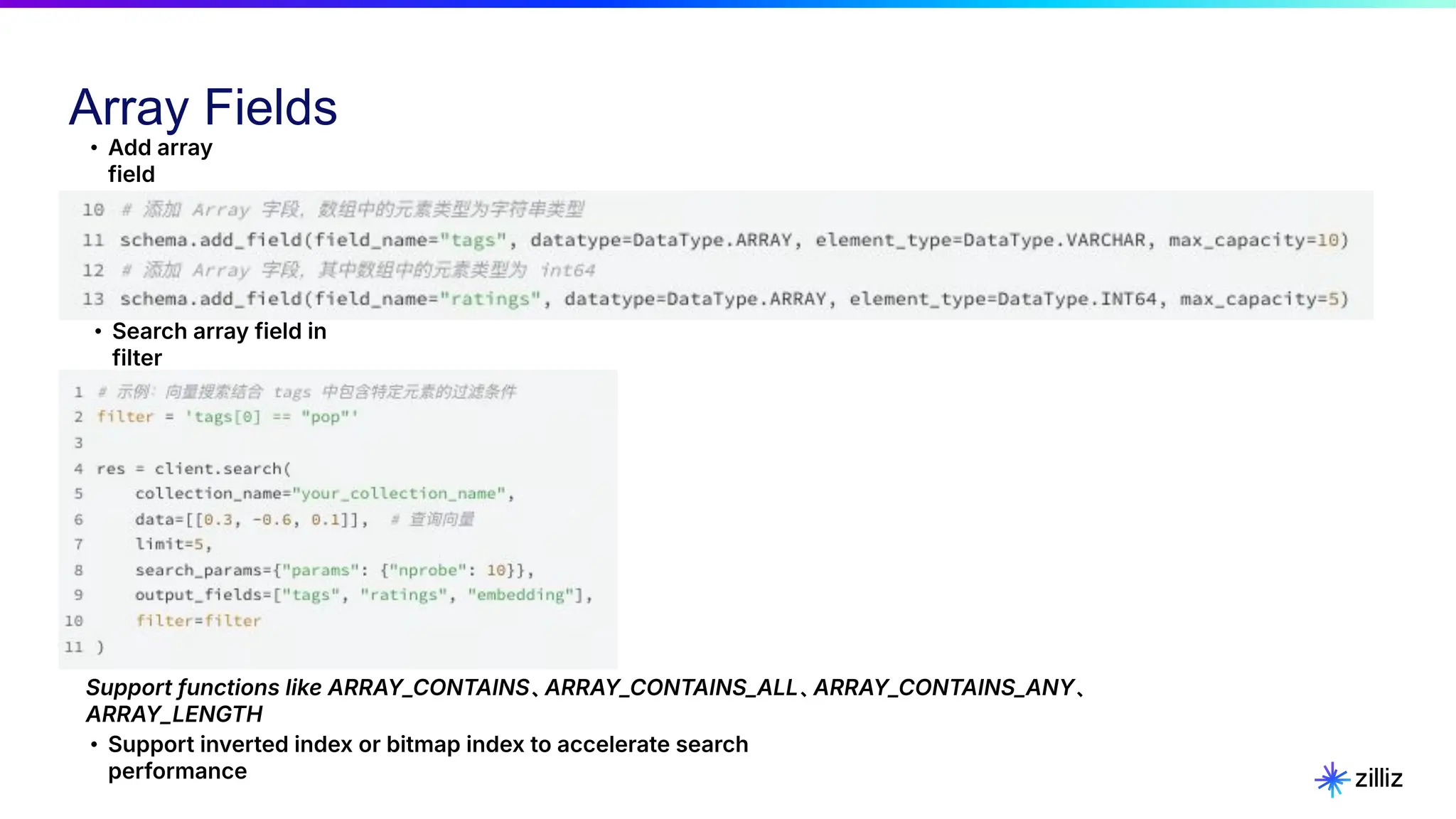 Array Fields
• Add array
field
• Search array field in
filter
Support functions like ARRAY_CONTAINS、ARRAY_CONTAINS_ALL、ARRAY_CONTAINS_ANY、
ARRAY_LENGTH
• Support inverted index or bitmap index to accelerate search
performance
 