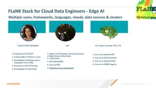 © 2020 Cloudera, Inc. All rights reserved. 4
FLaNK Stack for Cloud Data Engineers - Edge AI
Multiple users, frameworks, languages, clouds, data sources & clusters
CLOUD DATA ENGINEER
• Experience in ETL/ELT
• Coding skills in Python or Java
• Knowledge of database query
languages such as SQL
• Experience with Streaming
• Knowledge of Cloud Tools
• Expert in ETL (Eating, Ties and Laziness)
• Edge Camera Interaction
• Typical User
• No Coding Skills
• Can use NiFi
• Questions your cloud spend
CAT AI / Deep Learning / ML / DS
• Can run in Apache NiFi
• Can run in Kafka Streams
• Can run in Apache Flink
• Can run in MiNiFi Agents
 