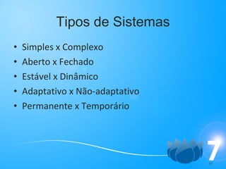 Tipos de Sistemas Simples x Complexo  Aberto x Fechado Estável x Dinâmico  Adaptativo x Não-adaptativo Permanente x Temporário 