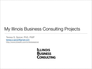 My Illinois Business Consulting Projects
Teresa S. Spicer, PhD, PMP
teresa.s.spicer@gmail.com
http://www.linkedin.com/in/teresaspicer
 