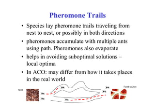 Pheromone Trails
  • Species lay pheromone trails traveling from
    nest to nest, or possibly in both directions
  • pheromones accumulate with multiple ants
    using path. Pheromones also evaporate
  • helps in avoiding suboptimal solutions –
    local optima
  • In ACO: may differ from how it takes places
    in the real world
                                            Food source
Nest
 