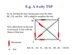 E.g. A 4-city TSP
So, he finished his tour, having gone over the links:
BC, CD, and DA. AB is added to complete the tour.
                              A                         B


Now, pheromone on the tour
is increased, in line with the
fitness of that tour.


                                                         D
    Pheromone                C

                      AB: 10, AC: 10, AD, 30,       BC, 40,   CD 20
      Ant
 
