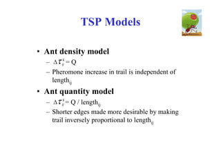 TSP Models

• Ant density model
  –  ijk = Q
  – Pheromone increase in trail is independent of
    lengthij
• Ant quantity model
  –  ijk = Q / lengthij
  – Shorter edges made more desirable by making
    trail inversely proportional to lengthij
 