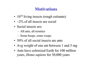 Motivations
• 1018 living insects (rough estimate)
• ~2% of all insects are social
• Social insects are:
  – All ants, all termites
  – Some beeps, some wasps
• 50% of all social insects are ants
• Avg weight of one ant between 1 and 5 mg
• Ants have colonized Earth for 100 million
  years, Homo sapiens for 50,000 years
 