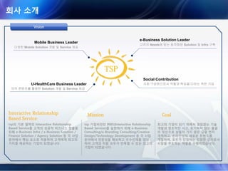 회사 소개
VisionVisionVision
Interactive Relationship
Based Service
Mission Goal
tsp의 기본 철학인 Interactive Relationship
Based Service를 고객의 성공적 비즈니스 창출을
위해 e-Business Infra / e-Business Solution /
Finance Solution / Agency Solution 등 각 사업
분야에서 핵심 요소로 적용하여 고객에게 최고의
가치를 제공하는 기업이 되겠습니다.
tsp 기업비전인 IRBS(Interactive Relationship
Based Service)를 실현하기 위해 e-Business
Consulting/e-Branding Consulting/Creative
Design/Technology Development 등 각 사업
분야에서 전문성을 확보하고 우수인재를 양성
하여 고객과 직원 모두가 만족할 수 있는 최고의
기업이 되겠습니다.
최고의 기업이 되기 위해서 끊임없는 기술
개발과 창조적인 사고, 포기하지 않는 불굴
의 정신으로 남들이 가지 않은 길을 먼저
개척하고, 온라인상의 새로운 트랜드를
개발하며, 모두가 인정하는 진정한 강자로서
시장을 주도하는 역할을 수행하겠습니다.
Mobile Business Leader
다양한 Mobile Solution 개발 및 Service 제공
e-Business Solution Leader
고객의 Needs에 맞는 최적화된 Solution 및 Infra 구축
Social Contribution
사회 구성원으로서 역할과 책임을 다하는 착한 기업U-HealthCare Business Leader
의약 콘텐츠를 활용한 Solution 개발 및 Service 제공
 