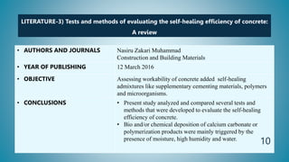 LITERATURE-3) Tests and methods of evaluating the self-healing efficiency of concrete:
A review
• AUTHORS AND JOURNALS Nasiru Zakari Muhammad
Construction and Building Materials
• YEAR OF PUBLISHING 12 March 2016
• OBJECTIVE Assessing workability of concrete added self-healing
admixtures like supplementary cementing materials, polymers
and microorganisms.
• CONCLUSIONS • Present study analyzed and compared several tests and
methods that were developed to evaluate the self-healing
efficiency of concrete.
• Bio and/or chemical deposition of calcium carbonate or
polymerization products were mainly triggered by the
presence of moisture, high humidity and water.
10
 