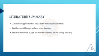 LITERATURE SUMMARY
13
• Autonomous approaches heal cracks better than autogenous methods.
• Bacillus colonial bacteria performs better than other.
• Presence of moisture, oxygen and humidity can affect the self healing efficiency.
 