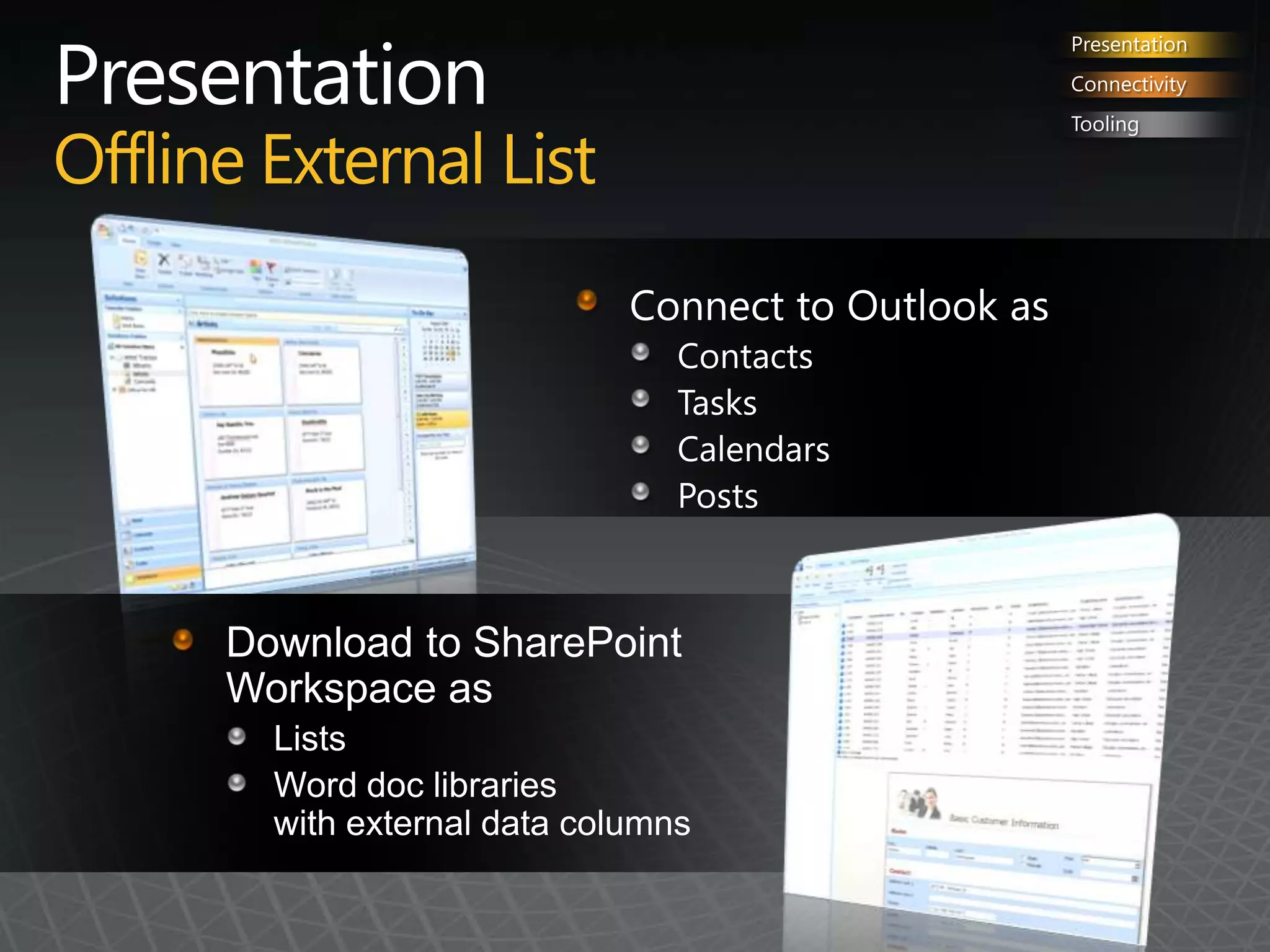 PresentationOffline External ListPresentationConnectivityToolingConnect to Outlook asContactsTasksCalendarsPostsDownload to SharePoint Workspace as ListsWord doc libraries with external data columns