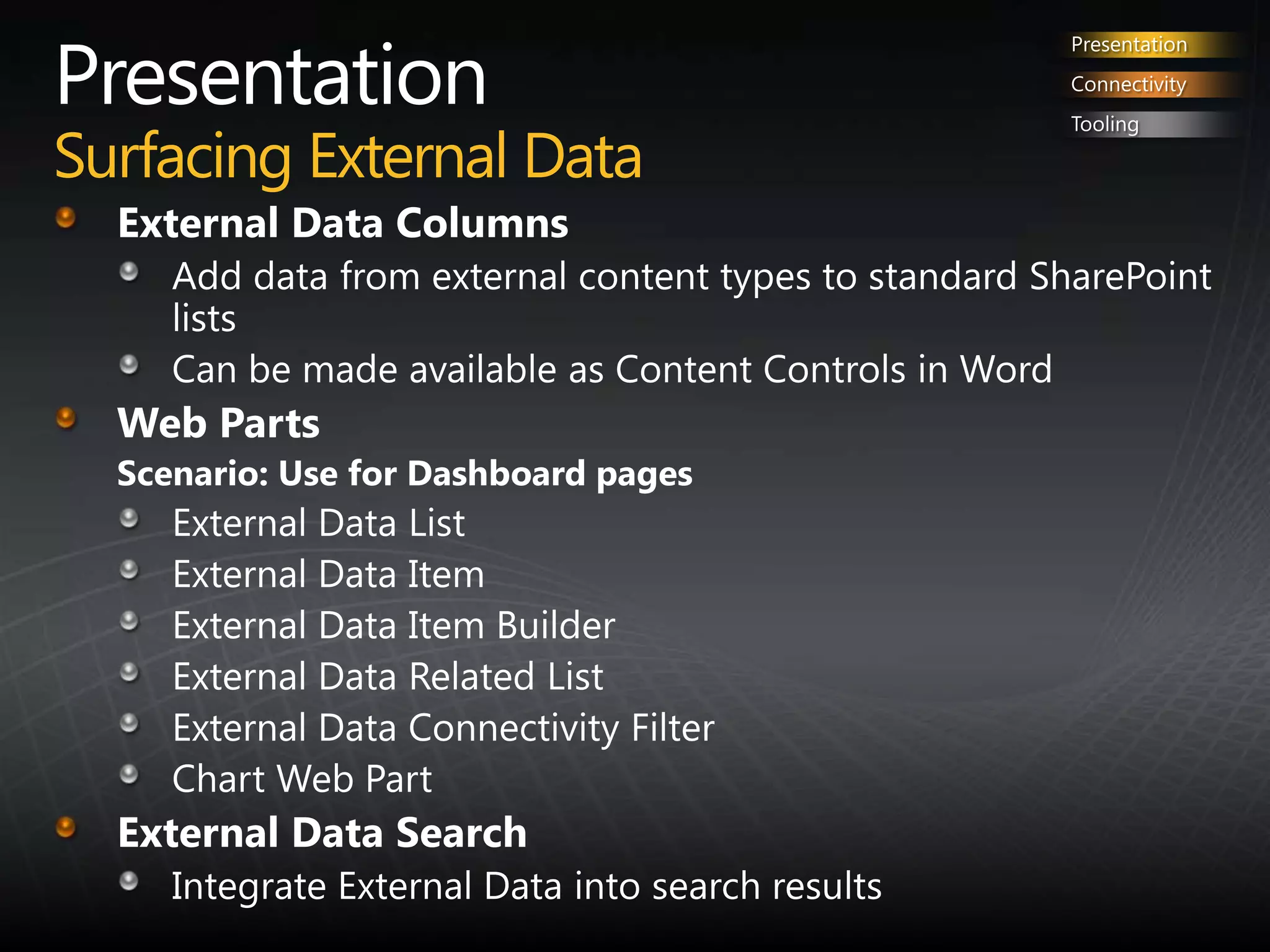 PresentationSurfacing External DataPresentationConnectivityToolingExternal Data Columns Add data from external content types to standard SharePoint listsCan be made available as Content Controls in WordWeb PartsScenario: Use for Dashboard pagesExternal Data List External Data ItemExternal Data Item BuilderExternal Data Related ListExternal Data Connectivity FilterChart Web PartExternal Data Search Integrate External Data into search results