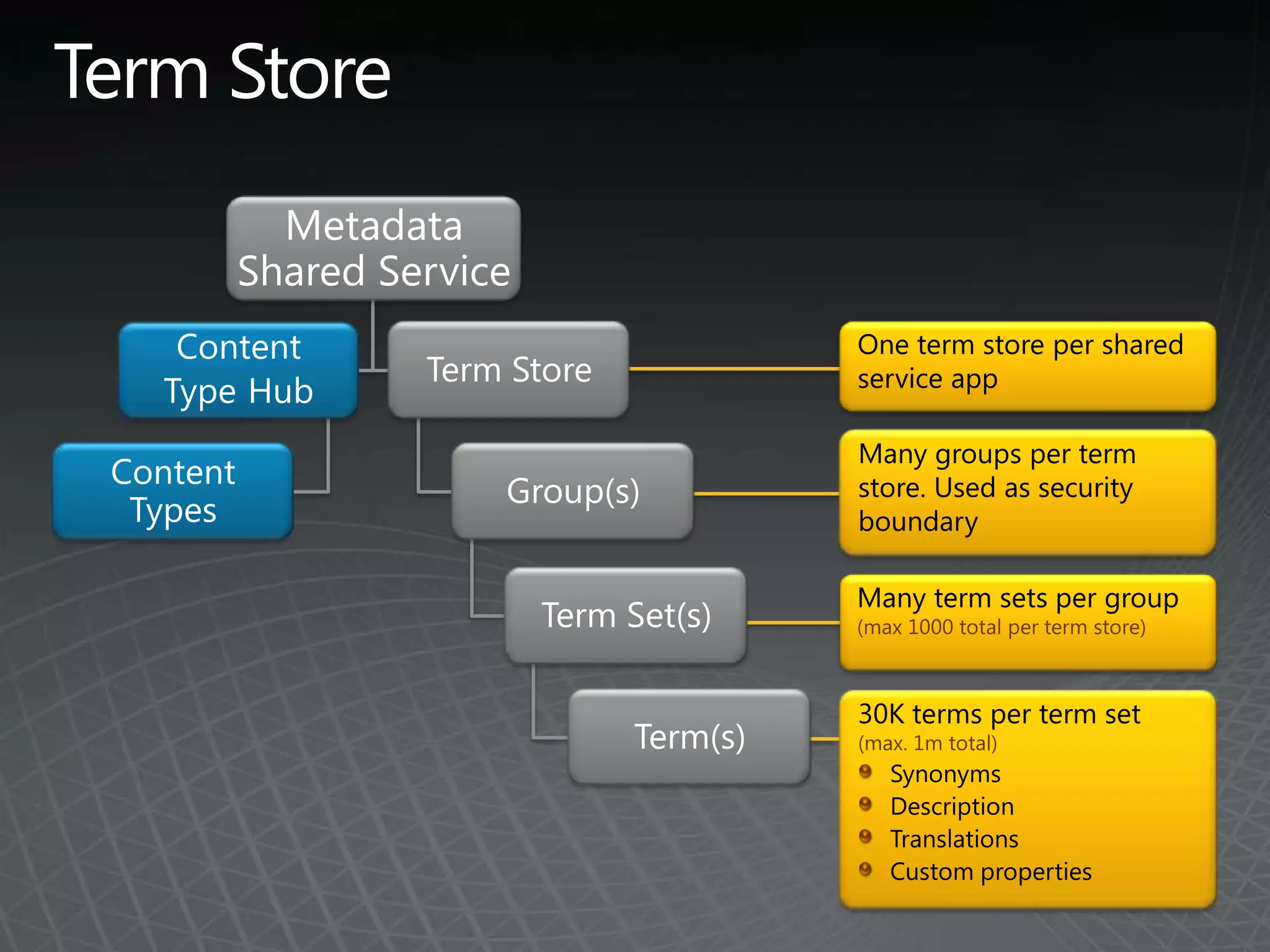 Term StoreMetadata Shared ServiceOne term store per shared service appTerm StoreContentTypeHubMany groups per term store. Used as security boundaryContent TypesGroup(s)Many term sets per group (max 1000 total per term store)Term Set(s)30K terms per term set (max. 1m total)SynonymsDescriptionTranslationsCustom propertiesTerm(s)