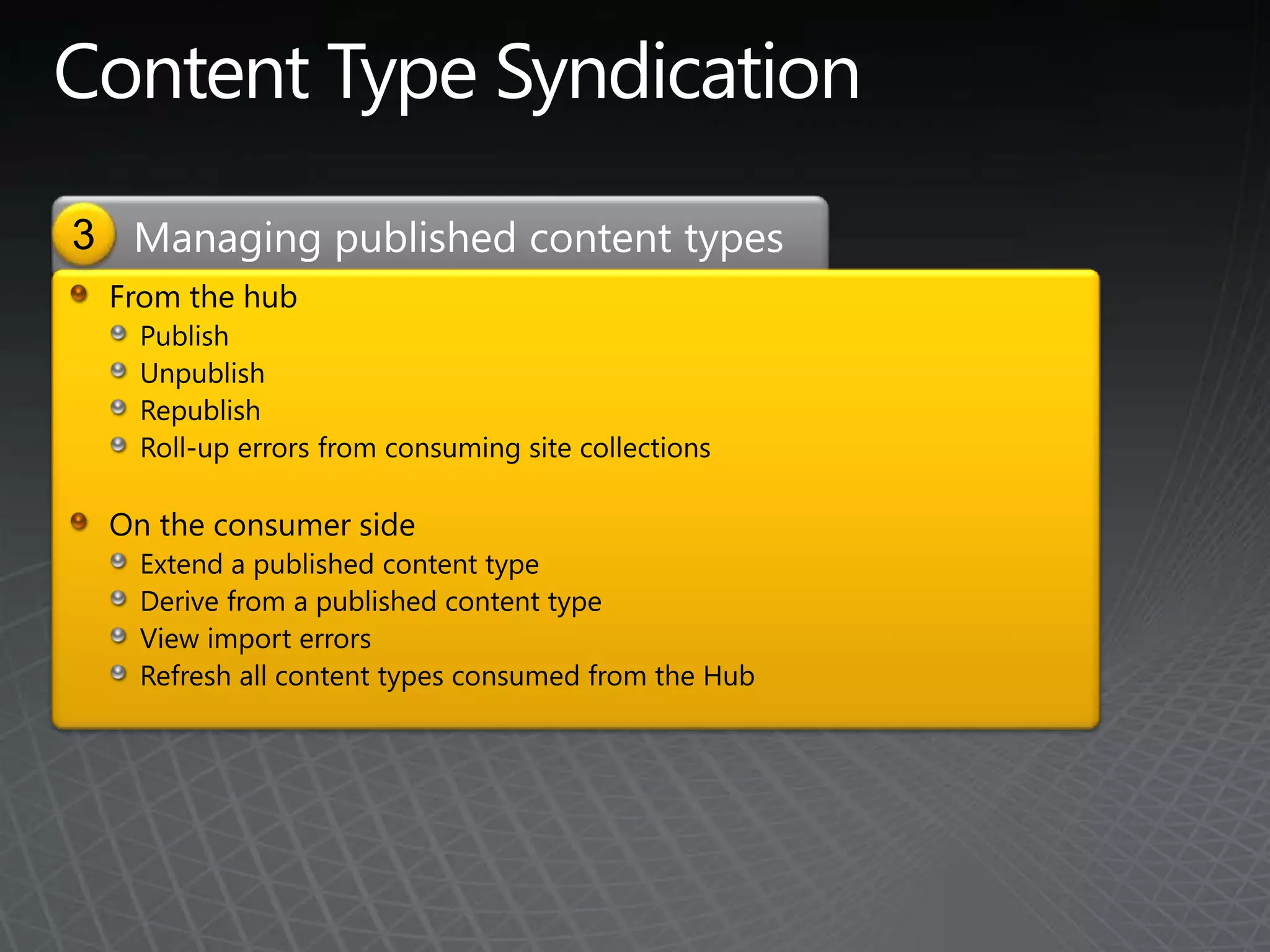 Content Type Syndication3Managing published content typesFrom the hubPublish UnpublishRepublishRoll-up errors from consuming site collectionsOn the consumer sideExtend a published content typeDerive from a published content typeView import errorsRefresh all content types consumed from the Hub