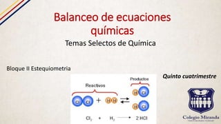 Balanceo de ecuaciones
químicas
Temas Selectos de Química
Bloque II Estequiometria
Quinto cuatrimestre
 