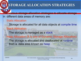 Mr. K. Sankar Ganesh , Assistant Professor Department of Computer Science & Engineering
1151CS115-Compiler Design
1/28/2025
102
The various storage allocation strategies to allocate storage
in different data areas of memory are:
1. Static Allocation
• Storage is allocated for all data objects at compile time
2. Stack Allocation
• The storage is managed as a stack
3. Heap Allocation (It is one of Dynamic Storage Allocation)
• The storage is allocated and deallocated at runtime
from a data area known as heap
STORAGE ALLOCATION STRATEGIES
 