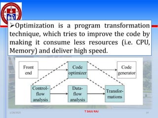 1/28/2025 T SAJU RAJ 14
➢Optimization is a program transformation
technique, which tries to improve the code by
making it consume less resources (i.e. CPU,
Memory) and deliver high speed.
 