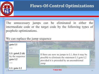 1/28/2025 T SAJU RAJ 44
Flows-Of-Control Optimizations
The unnecessary jumps can be eliminated in either the
intermediate code or the target code by the following types of
peephole optimizations.
We can replace the jump sequence
goto L1
….
L1: gotoL2 (d)
by the sequence
goto L2
….
L1: goto L2
If there are now no jumps to L1, then it may be
possible to eliminate the statement L1:goto L2
provided it is preceded by an unconditional
jump
 