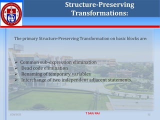 1/28/2025 T SAJU RAJ 52
Structure-Preserving
Transformations:
➢ Common sub-expression elimination
➢ Dead code elimination
➢ Renaming of temporary variables
➢ Interchange of two independent adjacent statements.
The primary Structure-Preserving Transformation on basic blocks are:
 