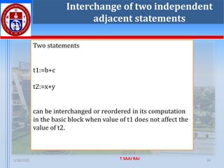 1/28/2025 T SAJU RAJ 56
Interchange of two independent
adjacent statements
Two statements
t1:=b+c
t2:=x+y
can be interchanged or reordered in its computation
in the basic block when value of t1 does not affect the
value of t2.
 