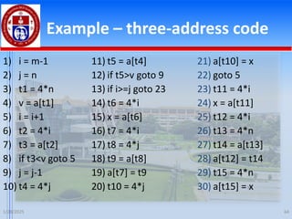 Example – three-address code
1) i = m-1
2) j = n
3) t1 = 4*n
4) v = a[t1]
5) i = i+1
6) t2 = 4*i
7) t3 = a[t2]
8) if t3<v goto 5
9) j = j-1
10) t4 = 4*j
11) t5 = a[t4]
12) if t5>v goto 9
13) if i>=j goto 23
14) t6 = 4*i
15) x = a[t6]
16) t7 = 4*i
17) t8 = 4*j
18) t9 = a[t8]
19) a[t7] = t9
20) t10 = 4*j
1/28/2025 64
21) a[t10] = x
22) goto 5
23) t11 = 4*i
24) x = a[t11]
25) t12 = 4*i
26) t13 = 4*n
27) t14 = a[t13]
28) a[t12] = t14
29) t15 = 4*n
30) a[t15] = x
 