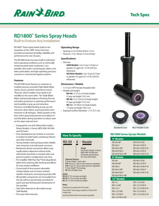 RD1800™ Series Spray Heads build on the
reputation of the 1800® Series that have
provided unmatched durability, reliability and
performance for over 30 years.
The RD1800 Series has been built to withstand
harsh operating conditions such as chemically
treated recycled water (reclaimed / non-
potable), dirty water containing grit, debris, and
other particulates, and high operating pressures
common in commercial irrigation systems.
Features
The RD1800 Series features an exclusive co-
molded, pressure activatedTriple-BladeWiper
Seal to assure a positive seal without excess
“flow-by”, which enables more heads to be
installed on the same valve. TheTriple-Blade
Wiper Seal precisely balances flushing, flow-by
and debris protection to optimize performance
and durability at pop-up and retraction.
Precision-controlled flushing at pop-up and
retraction clears debris, assuring positive stem
retraction in all soil types. Debris pockets in the
base of the spray body prevent recirculation of
harmful debris during operation to reduce wear
on the wiper seal and stem.
•	 Designed for use with all Rain Bird nozzles –
Rotary Nozzles, U-Series, MPR,VAN, HE-VAN,
and SQ Series.
•	 Parts developed to be resistant to corrosion
in treated recycled water containing chlorine
and other chemicals.
•	 Strong stainless steel spring provides reliable
stem retraction and withstands corrosion.
•	 Reinforced ratchet mechanism allows easy
nozzle pattern alignment without tools,
withstands chemicals in recycled water and
prevents pattern misalignment over time.
•	 Pre-installed 1800 Pop-Top™ flush plug blocks
debris from entering after flushing and allows
for easy nozzle installation.
•	 Constructed of time-proven ultraviolet-
resistant plastic and corrosion-resistant
stainless steel parts, assuring long product life.
•	 All sprinkler components are removable from
the top without special tools, providing for
quick and easy flushing and maintenance of
the sprinkler.
•	 Side inlets featured on all models except
SAM Models.
•	 Five-year trade warranty.
Operating Range
•	 Spacing: 2.5 to 24 feet (0.8 to 7.3 m)
•	 Pressure: 15 to 100 psi (1.0 to 6.9 bar)
Specifications
•	 Flow-by:
-- SAM Models: 0 at 15 psi (1.0 bar) or
greater; 0.5 gpm (0.1 m3
/h; 0.03 l/s)
otherwise
-- All Other Models: 0 at 10 psi (0.7 bar)
or greater; 0.5 gpm (0.1 m3
/h; 0.03 l/s)
otherwise
Dimensions / Models
•	 ½”(15/21) NPT female threaded inlet
•	 Models and height:
-- RD-04: 6”(15.2 cm) body height;
4”pop-up height (10.2 cm)
-- RD-06: 9 3/8”(23.8 cm) body height;
6”pop-up height (15.2 cm)
-- RD-12: 16”(40.6 cm) body height;
12”pop-up height (30.5 cm)
•	 Exposed surface diameter: 2 ¼”(5.7 cm)
RD1800™
Series Spray Heads
Built to Endure Any Installation
Tech Spec
How To Specify
RD-XX - X - Nozzle
Model
RD-04: 4”(10 cm) pop-up height
RD-06: 6”(15 cm) pop-up height
RD-12: 12”(40 cm) pop-up height
Optional Features
S: Seal-A-Matic™
check valve
P30: 30 psi (2.1 bar) in-stem pressure regulation
P45: 45 psi (3.1 bar) in-stem pressure regulation
F: Flow-Shield™Technology
NP: Non-Potable Cover
Nozzle
See Rotary Nozzle, U-Series,
MPR,VAN, HE-VAN and
SQ Nozzle specifications
for more information
Notes:
SAMfeatureincludedwithP45models.
Flow-Shield™TechnologyavailableinP30andP45
modelsonly.
Specifysprinklerbodiesandnozzlesseparately.
4”Models
RD-04-NP RD-04-S-P30
RD-04-S RD-04-S-P30-F
RD-04-S-NP RD-04-S-P30-F-N
RD-04-P30-F RD-04-S-P45-F
RD-04-P30-F-NP RD-04-S-P45-F-N
6”Models
RD-06 RD-06-S-P30
RD-06-NP RD-06-S-P30-F
RD-06-S RD-06-S-P30-F-N
RD-06-S-NP RD-06-S-P45-F
RD-06-P30-F RD-06-S-P45-F-N
RD-06-P30-F-NP
12" Models
RD-12 RD-12-S-P30
RD-12-NP RD-12-S-P30-F
RD-12-S RD-12-S-P30-F-N
RD-12-S-NP RD-12-S-P45-F
RD-12-P30-F RD-12-S-P45-F-N
RD-12-P30-F-NP
RD1800 Series Sprays Models
Standard Cover Non-Potable Cover
 