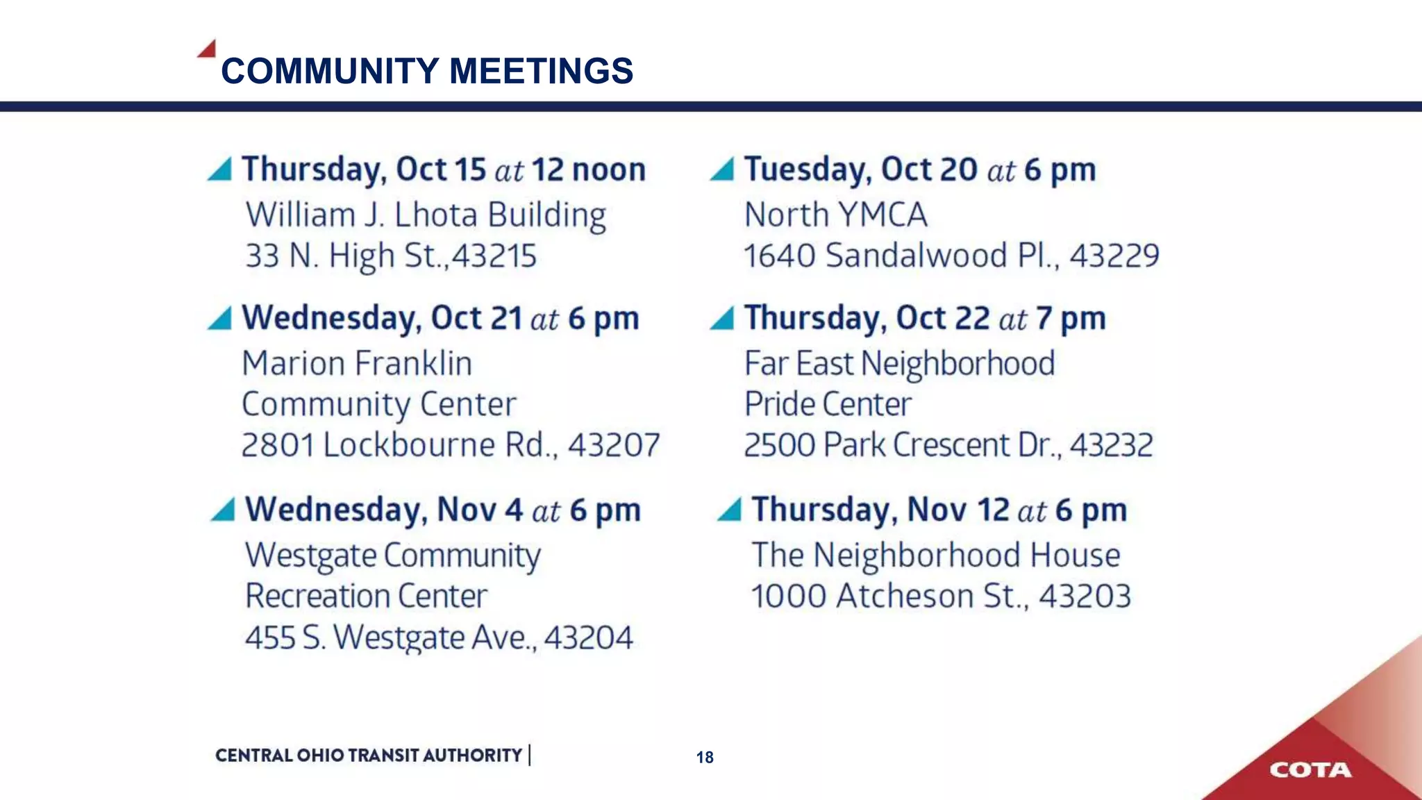 COMMUNITY MEETINGS
18
 