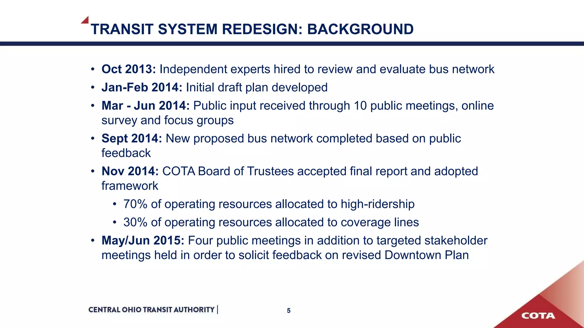 TRANSIT SYSTEM REDESIGN: BACKGROUND
• Oct 2013: Independent experts hired to review and evaluate bus network
• Jan-Feb 2014: Initial draft plan developed
• Mar - Jun 2014: Public input received through 10 public meetings, online
survey and focus groups
• Sept 2014: New proposed bus network completed based on public
feedback
• Nov 2014: COTA Board of Trustees accepted final report and adopted
framework
• 70% of operating resources allocated to high-ridership
• 30% of operating resources allocated to coverage lines
• May/Jun 2015: Four public meetings in addition to targeted stakeholder
meetings held in order to solicit feedback on revised Downtown Plan
5
 